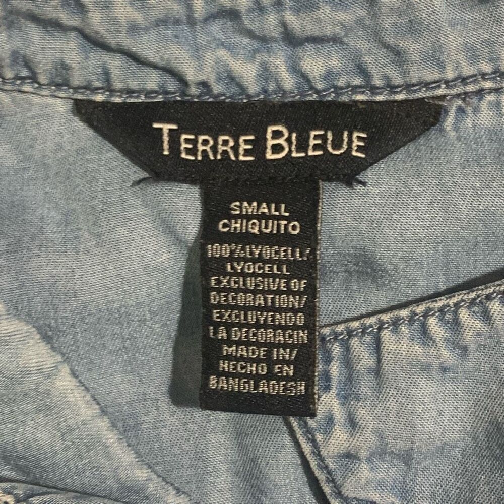 Vintage Terre Bleue Dress Small Tencell Embroidered Blue Collar Button Down Midi - Picture 2 of 6